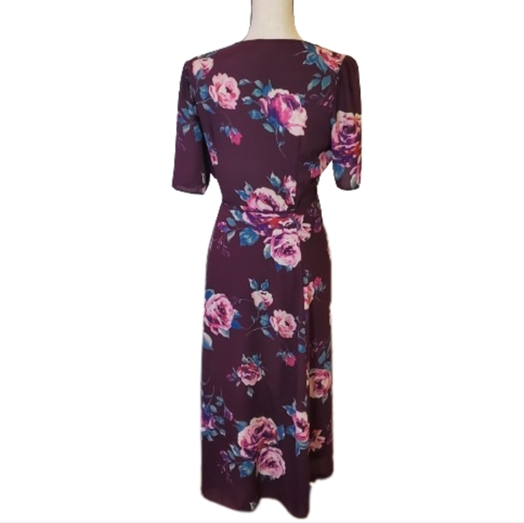Everly Dark Purple/Pink Multi-Color Floral Wrap Midi Dress, Size Medium - Picture 15 of 16